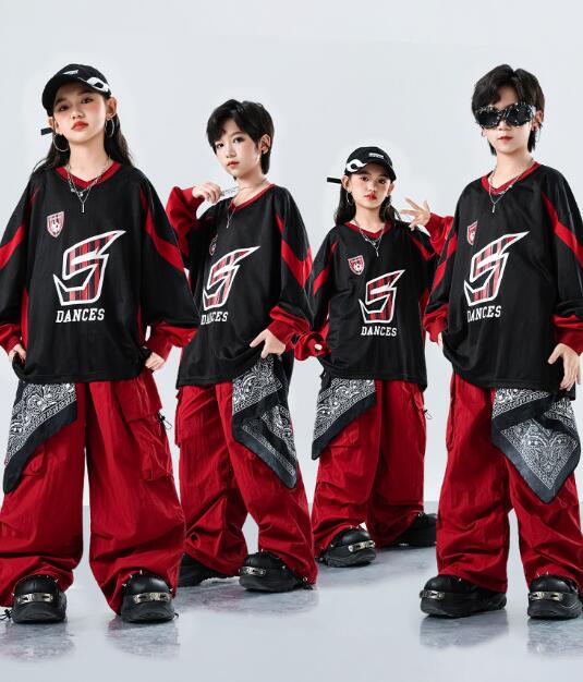 Rakuten - 子供ダンス衣装 長袖 ガーコパンツ ジャズダンス 赤パンツ ゆったり hiphop 女の子/男の子 ダンス衣装 キッズ ダンス衣装 チア チアガール 子供服 団体服 発表会 演出服 練習着 おしゃれ 子供 上下セット トップス カジュアルパンツ 110-180cm