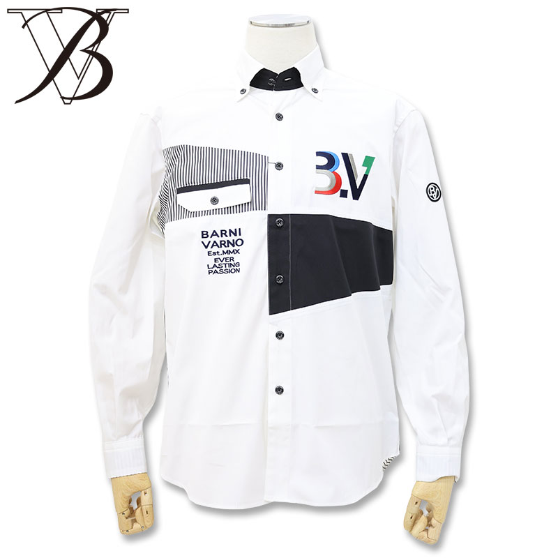 バーニヴァーノ 胸ロゴ 刺しゅう 配色切替 カウント ポプリン シャツ 3Lサイズ ホワイト BARNI VARNO BSS-ONS5260 春夏 25SS