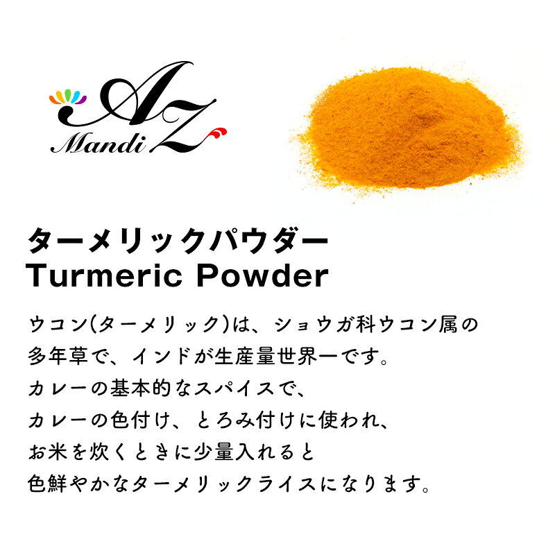 A.Z Mandiのターメリックパウダー 【粉末】 100g チャック付き袋入り ターメリック うこん ウコン 姜黄 turmeric クルクミン スパイス カレー おうちカレー 手作りカレー スープカレー ゴールデンミルク クリスマス Christmas Xmas 送料無料 花粉症｜アングル3