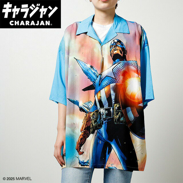 マル2505049400 【全品　送料無料！】　マーベルキャラクター　アロハシャツLL　レジェンドヒーロー　キャプテンアメリカ　アメコミ　ヒーローズ　アニメ　映画　トップス　シャツ　服　レディース　女性　メンズ　男性　兼用　ファッション　雑貨　グッズ　か