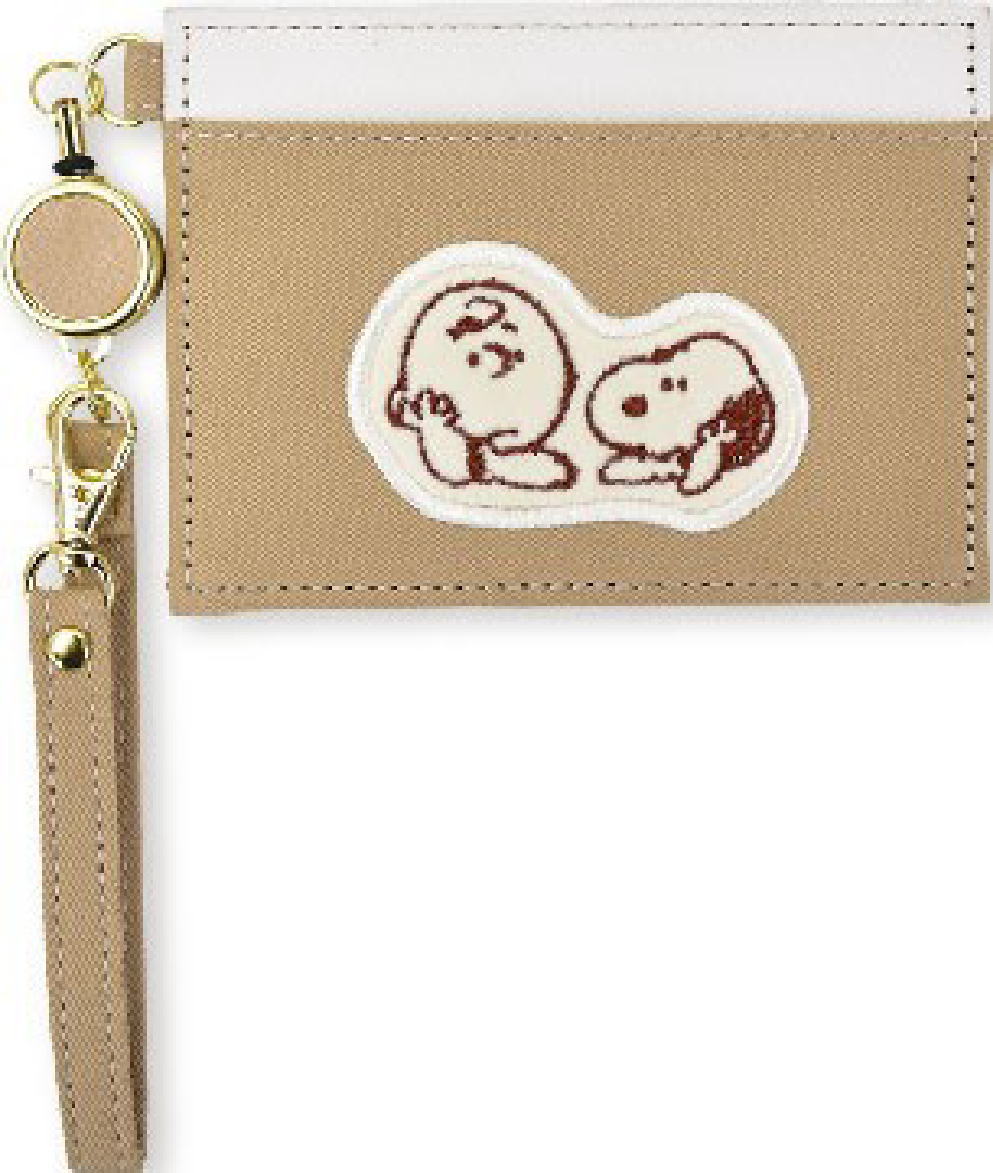 【全品　送料無料！】　スヌーピー　SNOOPY　リール付きシングルパスケースベージュ　茶　スヌーピーとチャーリー・ブラウン　アップリケ　ピーナッツ　ウッドストック　ポーチ　定期入れ　カード入れ　収納　通勤　通学　雑貨　グッズ