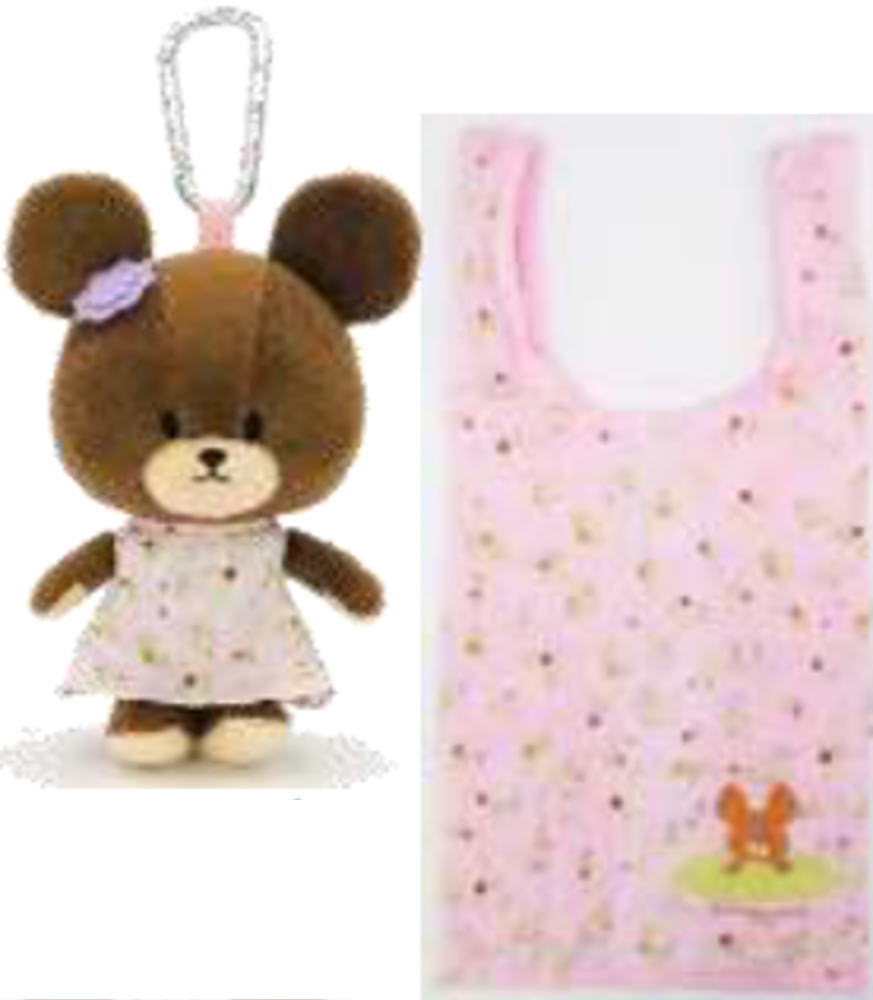 【全品 送料無料！】 くまのがっこう ぬいぐるみエコバッグピンク 小花柄 ジャッキー キャラクター 絵本 かばん カバン 鞄 袋 収納 買い物 ショッピング お出かけ アウトドア 雑貨 グッズ かわいい