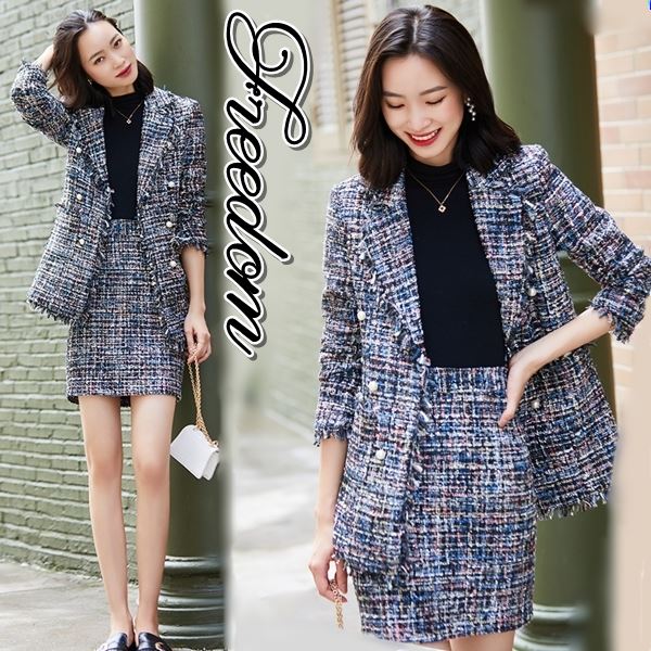 スーツ ツイードスーツ フォーマル OL OL通勤 通勤 通学 面接 卒業式 入学式 お受験 就活スーツ リクルート 就活 制服 ビジネス スカートスーツ ★ フリンジ使いツイードジャケット＆スカート2点セット長袖レディーススーツ S M L サイズ ★ フリーダム セール saleのサムネイル
