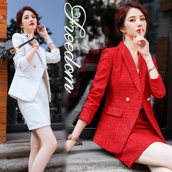 スーツ ツイードスーツ フォーマル OL OL通勤 通勤 通学 面接 卒業式 入学式 お受験 就活スーツ リクルート 就活 制服 ビジネス スカートスーツ ★ スパンコール入りツイードジャケット＆スカート2点セット長袖レディーススーツ S M L サイズ ★ フリーダム セール saleのサムネイル