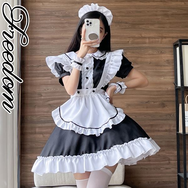 メイド コスプレ コスチューム 衣装 エプロン メイド服 メイドカフェ アキバ ゴスロリ ロリータ アイドル 萌え ステージ 制服 ハロウィン ★ 可愛いゴスロリ系！カチューシャ付きフリルエプロンメイド服コスチューム S M L 2L 3L サイズ ★ フリーダム セール sale