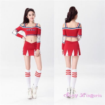 あす楽 コスプレ セクシー 制服 ハロウィン 激安 チアガール チアリーダー チア アメリカン ティーン 応援団 コスプレ コスチューム 衣装 ミニスカート セクシー イベント パーティー★へそ出しスタイル!長袖チアガールコスチューム♪フリーダムMサイズセール sale
