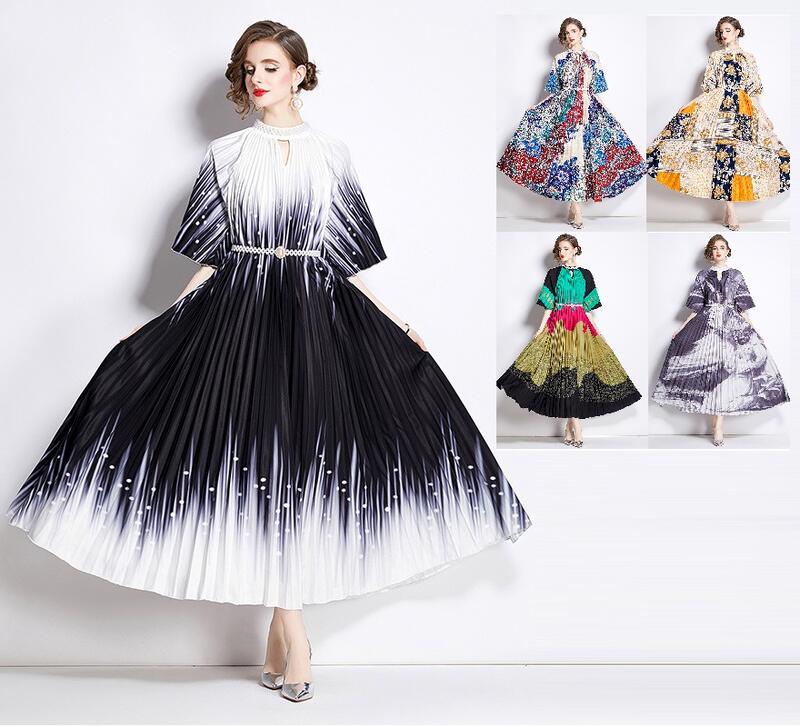 ★F★5色★ブラック パープル ブルー イエロー グリーン ドレス ワンピース ワンピ パーティードレス パーティーワンピ 結婚式 二次会★クラシカル系 レトロ感 優雅印象 襟元パール使い ベルト付き 配色ボリューム感プリーツロングワンピースドレス F サイズ★フリーダムsale