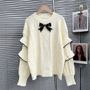 ★2COLOR★ホワイト ブルー セーター ニット トップス ニットセーター 普段着 オシャレ服 お出かけ おうち 旅行 大きいサイズインスタ 撮影★柔らかいニットトップスの胸元が可愛いリボン使いでお袖が2段フリルデザインのセーター プルオーバー F サイズ★フリーダムsale