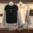 ★3L~7L★大きいサイズ ぽっちゃりさん あったか ゆったり らくらく チエック柄 プルオーバー 普段着 旅行 お出かけ インスタ 撮影 アイドル★可愛い学生風のチエック柄切替の大人気重ね着風のパーカー女性用トップスプルオーバー 3L 4L 5L 6L 7L サイズ★フリーダムsale