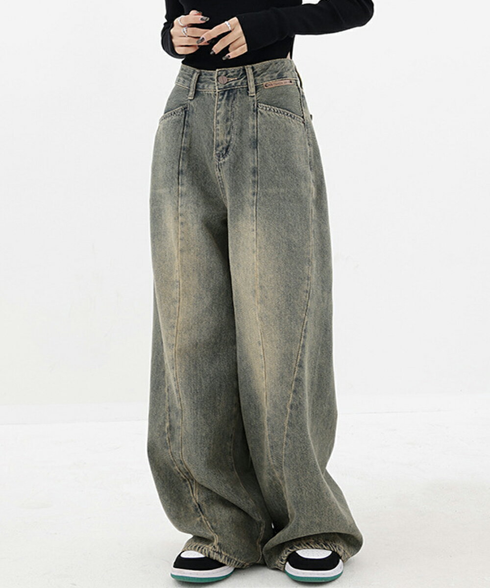 ★S～XL★1色★ブルー ジーンズ ジーパン カジュアル ズボン ヴィンテージ風 セミフレア ストリート お洒落 普段着 お出かけ デート 旅行 韓国風ファッション インスタ 撮影 アイドル★ヴィンテージ風ワイドデニムパンツ美脚 ボトムス韓国風 S M L XL サイズ★フリーダムsale