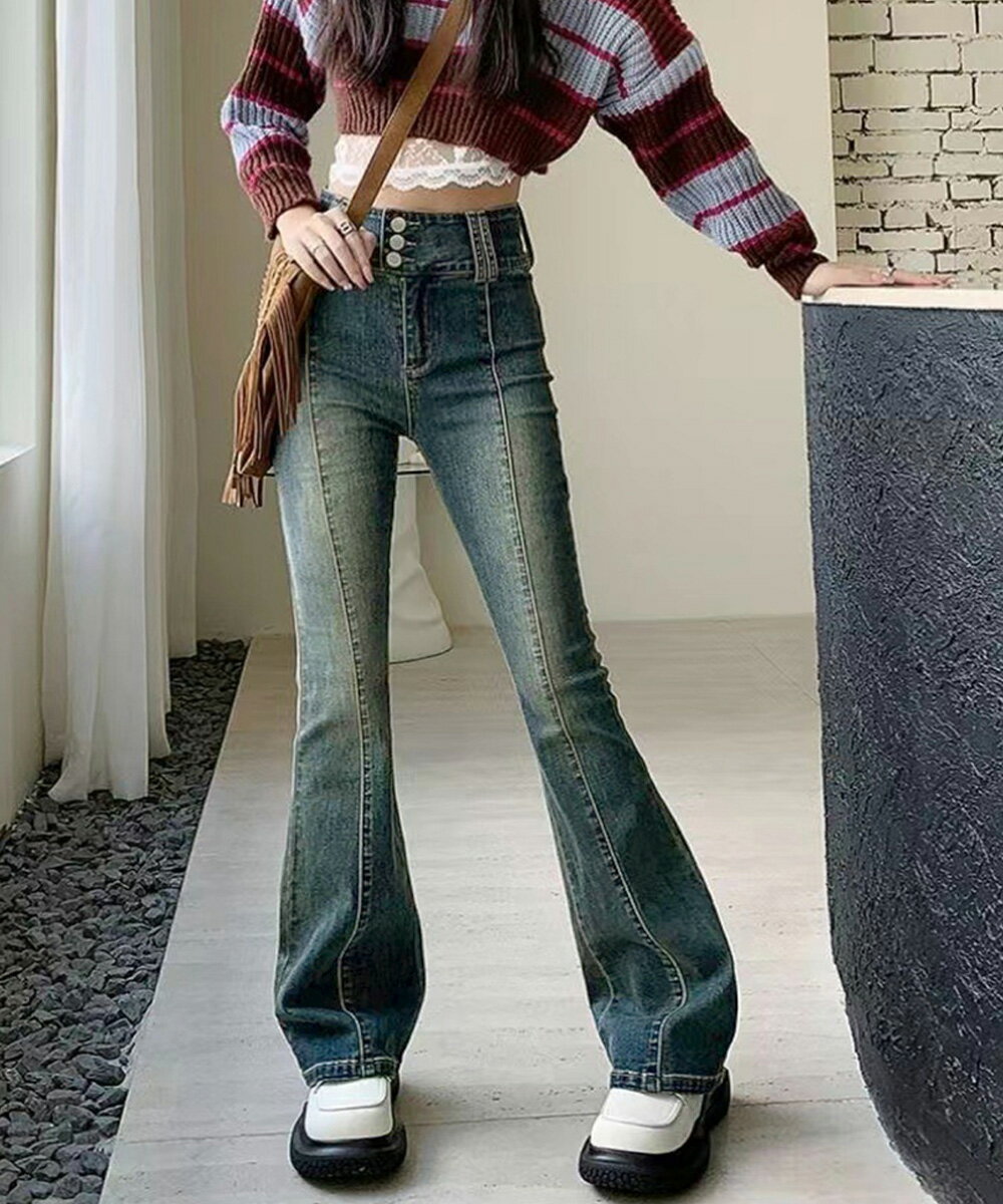 ★S～XL★1色★インディゴブルー ジーンズ ジーパン カジュアル ズボン セミフレア ストリート お洒落 普段着 お出かけ デート 旅行 韓国風ファッション インスタ 撮影 アイドル★レトロ セミフレアデニムパンツレディース ボトムス韓国風 S M L XL サイズ★フリーダムsale