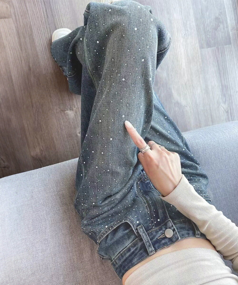 ★S～XL★1色★ブルー デニム パンツ ジーパン カジュアルパンツ ストレート ジーンズ デニムパンツ 美脚 細見え 脚長 普段着 通勤 通学インスタ 撮影 アイドル★キラキラデニムパンツラインストーンデニム レディース 韓国風ファッション S M L XL サイズ★フリーダムsale
