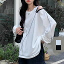 ★2色★ブラック ホワイト Tシャツ スウェット 肩出し 長袖 カットソー 長袖カットソー OL 通勤 通学 卒業式 入学式 お出かけ デート 韓国ファッション 服 インスタ 撮影 アイドル★ロングtシャツ カットソー 春秋冬 無地 レディース 韓国風 ワンサイズ★フリーダム sale