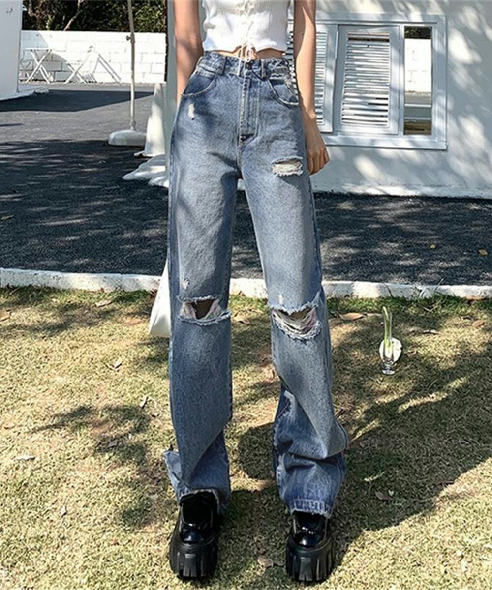 ★S～XL★1色★ブルー パンツ デニム カジュアルパンツ ジーンズ Gパン ロングパンツ 膝下スカート 台形スカート 脚長 お出かけ デート 普段着 通勤 通学 インスタ 撮影 アイドル★ダメージデニムパンツ レディースおしゃれ韓国風 S M L XL サイズ★フリーダムsale