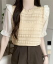 ★3色★ブラック オフホワイト ベージュ ニット トップス セーター 重ね着風 かわいい OL 通勤 通学 普段着 お出かけ デート 韓国風ファッション インスタ 撮影 アイドル★サマーニット 異素材切替 シャツブラウス 韓国風ニット 春夏 レディース ワンサイズ★フリーダムsale