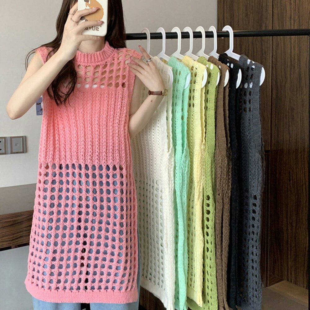 ★8色★ブラック アイボリー ダークグレー ブラウン グリーン ピンク イエロー アイスミント ワンピース ニットワンピ お出かけ 旅行 韓国風ファッション インスタ 撮影 アイドル★メッシュサマーニットワンピース スリット レディース 韓国 ワンサイズ★フリーダムsaleのサムネイル