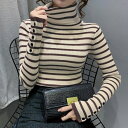 ★3色★ブラック ブラウン ベージュ ニット トップス セーター かわいい おしゃれニット OL 通勤 通学 普段着 お出かけ デート 韓国風ファッション インスタ 撮影 アイドル★ボーダー柄ニットトップス タートルネック 韓国風ニット 春 レディース ワンサイズ★フリーダムsale