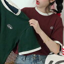 ★L~XL★2色★ワインレッド ダークグリーン Tシャツ 半袖 スポーツ カットソー 半袖カットソー OL 通勤 通学 旅行 お出かけ デート 韓国風ファッション インスタ 撮影 アイドル★バイカラーTシャツ 韓国半袖 カジュアル 春夏 韓国風 Mサイズ Lサイズ★フリーダムsale