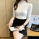 ★6色★ブラック ホワイト ブルーグレー ダークベージュ グリーン イエロー ニット リブセーター 五分袖ニット オフィスカジュアル OL 通勤 通学 お出かけ...