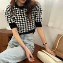 ★6色★ブラック ホワイト ブルー イエロー グリーン ピンク ニット 千鳥格子 セーター 半袖ニット 春夏 オフィスカジュアル OL 通勤 通学 旅行 お出か...