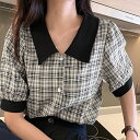 ★L~XL★1色★ブラック シャツ ブラウス シャツブラウス チェック柄 オフィスカジュアル OL 通勤 通学 お出かけ デート 旅行 韓国風ファッション インスタ 撮影 アイドル★グレンチェック 柄 シャツ ブラウス 夏 カジュアル レディース 韓国 ワンサイズ★フリーダム sale