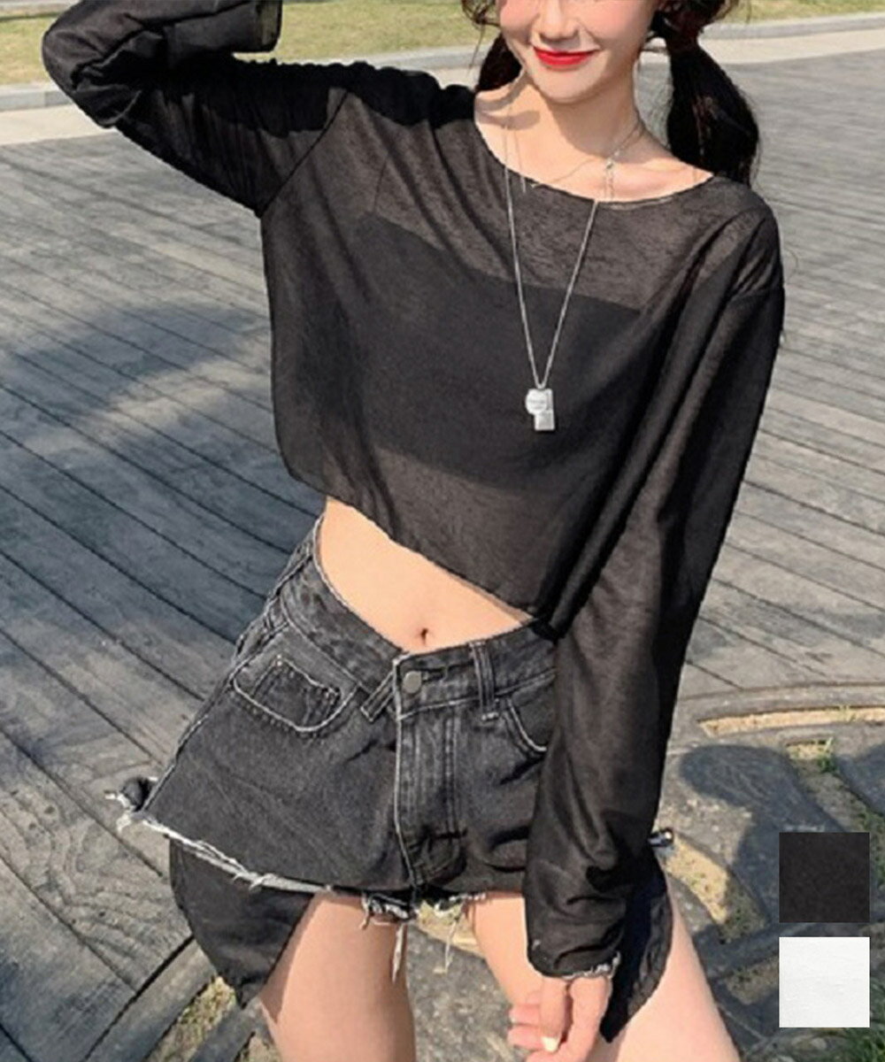 ★2色★ブラック ホワイト カットソー 長袖 レイヤードトップス 韓国風Tシャツ 無地 OL 通勤 通学 お出かけ デート 韓国風ファッション インスタ 撮影 アイドル★シアートップス 透け感 韓国風カジュアル ゆったり トップス レディース 春秋夏 ワンサイズ★フリーダムsale(4)