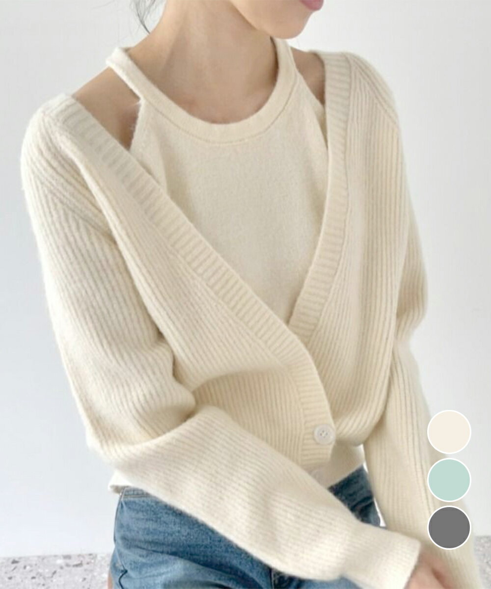 ★3色★ベージュ ミント ダークグレー ニット トップス カーディガン キャミソール ニットアンサンブル ..