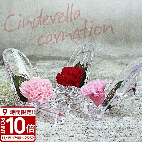【P10倍】花 プリザーブドフラワー 枯れない花 カーネーション 枯れないお花 ガラスの靴 硝子のくつ シンデレラ アクリル フラワーアレンジメント リングピロー 完成品 花材 クリアケース付