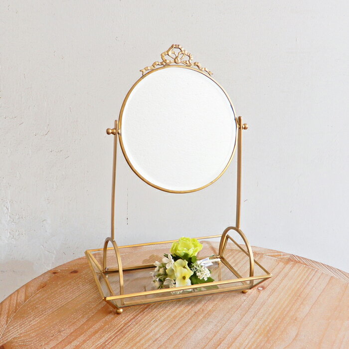 鏡 卓上ミラー おしゃれ アンティーク トレイ付き 角度調節 真鍮 メイクミラー 化粧鏡 化粧ミラー ガラ..