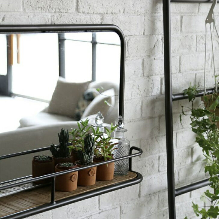 壁掛けミラー 鏡 ミラー おしゃれ インダストリアル スチール パイプ おしゃれ かっこいい 古材 パイン古材 ヴィンテージ風 店舗用 インテリア小物 カフェ風 店舗用【送料無料】スチールパイプ・ウォールミラー [2]