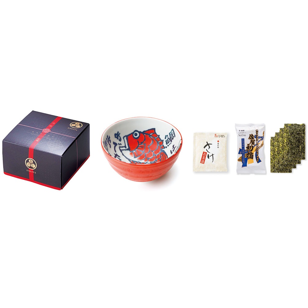 引出物 めで鯛どんぶり（赤）本格海苔茶漬け(鮭セット)　 引き出物 内祝 お返し プラス1品 縁起物 ギフト　鯛どんぶり　お茶漬け　さけ　のり　詰め合わせ プラスワンギフト