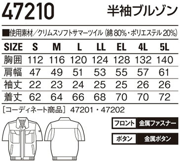 【送料無料】 上下セット 自重堂（JICHODO） 半袖ブルゾン 47210（S〜LL）＆ ツータックパンツ 47201（70cm〜88cm）セット (上下同色） 春夏用 作業服 作業着 取寄