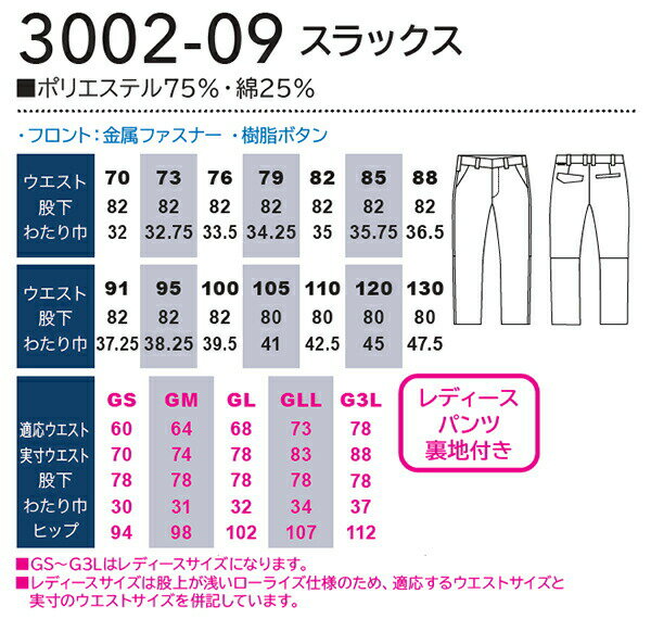 桑和（SOWA） 3002-09 (GS-G3L、70cm-88cm) スラックス 3002シリーズ 秋冬用 作業服 作業着 ユニフォーム 取寄