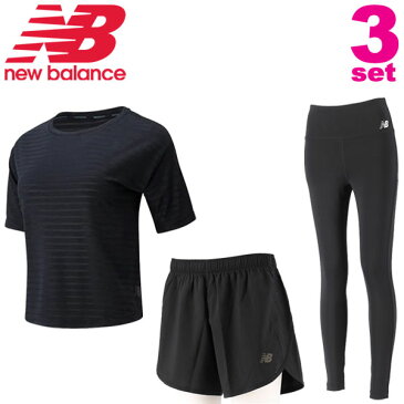 ランニングウェア 3点セットレディース ニューバランス NewBalance 半袖Tシャツ 5インチショーツ(インナーなし) ロングタイツ/スポーツウェア 女性 セットアップ トレーニング WT93813(BK) AWS93828(BK) WP01865(BK)/NBset-T