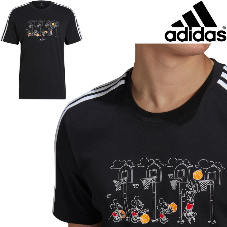 半袖 Tシャツ ミッキーマウス メンズ アディダス adidas M 3ストライプス DISNEY グラフィックT/スポーツウェア 黒 ブラック キャラクター クルーネック 男性 カジュアル トップス 自宅トレ/29081-GL3085