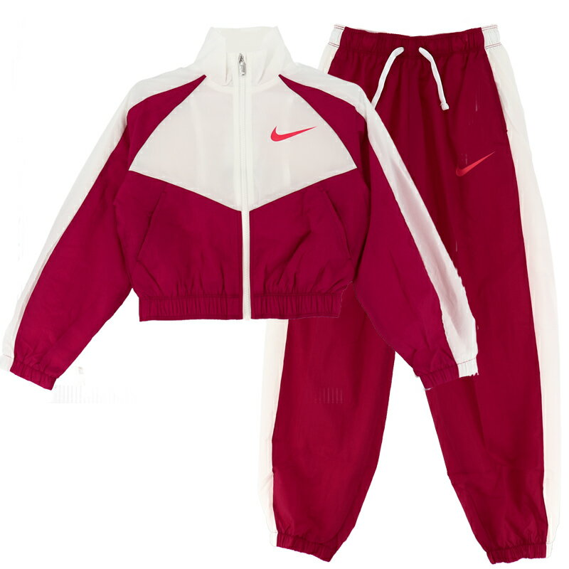送料無料 ナイキ キッズ ウインドブレーカー 上下 女の子 NIKE ジュニア ウーブン ジャケット ロングパンツ セットアップ 上下組 130-160cm 子供服 赤 白 レッド ホワイト 子ども 女児 スポーツウェア/FB1267-FB1269-620のサムネイル