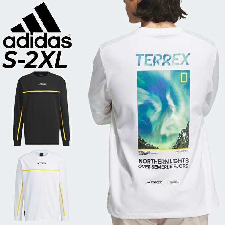 送料無料 アディダス 長袖Tシャツ メンズ adidas TERREX テレックス アウトドアウェア クルーネック プリント ロンT ルーズフィット 男性用 メンズウェア 黒 白 ブランド アウトドアシャツ NAT.GEOコラボ アパレル/HBR53