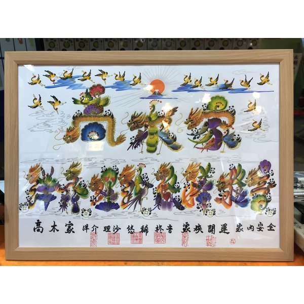 家族全員名前を入ります,A3サイズ額付き20文字迄(蔭) 手書き~開運風水花文字、商売繁盛 新築祝い 送別会 家族 両親 プレゼント 贈り物最適 紀念日 周年 ...