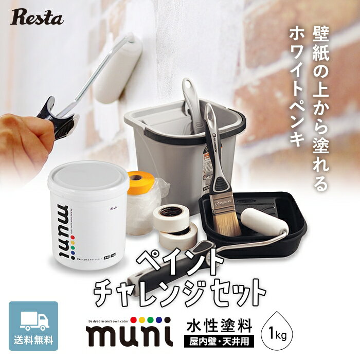 【ペンキ 塗料】壁紙にも塗れる水性ペンキ 白 muni （1kg）道具付き ペイントチャレンジセット__pt-wpt-a-1-set