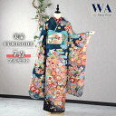 【中古】振袖 7点フルセット Mサイズ 振袖セット 振袖フルセット フルセット 成人式 着物 晴れ着 青 紺 御所車 扇 鹿の子 帯 帯揚げ 重衿 半衿 帯締め...