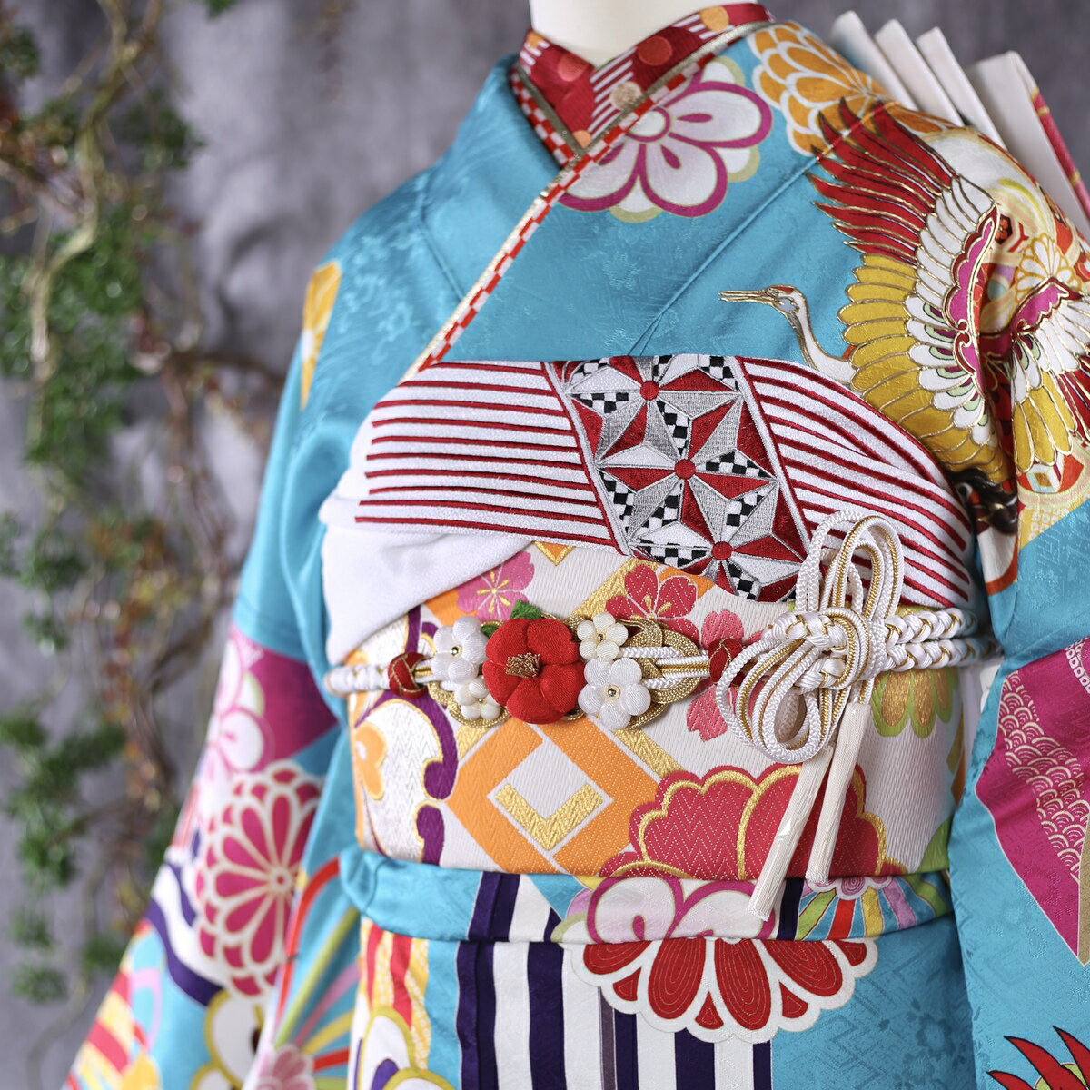 【中古】振袖 6点セット Lサイズ 振袖セット 振袖フルセット フルセット 成人式 着物 晴れ着 水色 青 古典 古典柄 レトロ 鶴 菊 帯 帯揚げ 重衿 半衿 帯締め 結婚式 ブライダル 十三参り FN-157