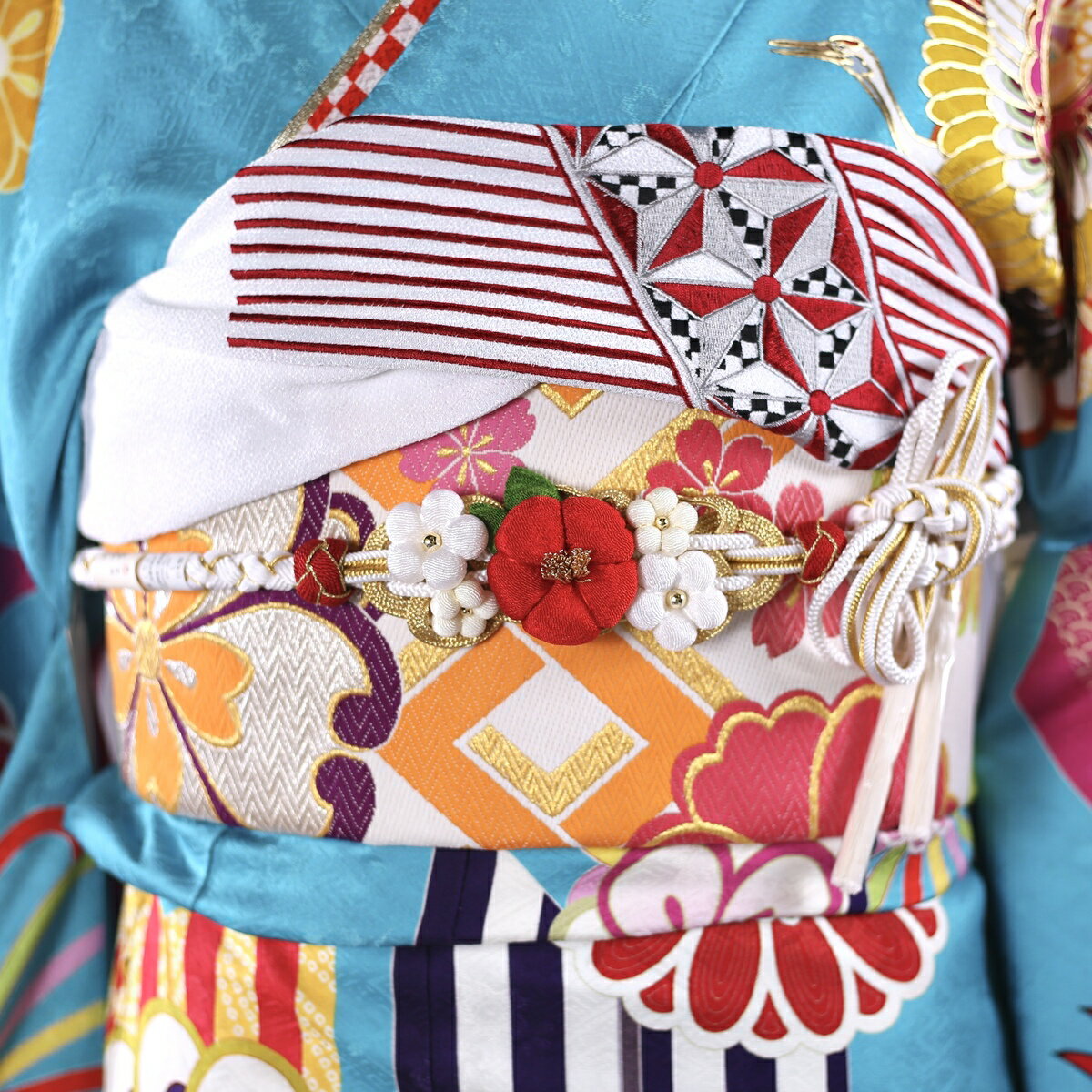 【中古】振袖 6点セット Lサイズ 振袖セット 振袖フルセット フルセット 成人式 着物 晴れ着 水色 青 古典 古典柄 レトロ 鶴 菊 帯 帯揚げ 重衿 半衿 帯締め 結婚式 ブライダル 十三参り FN-157