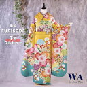 【中古】振袖 7点フルセット LLサイズ 振袖セット 振袖フルセット フルセット 成人式 着物 晴れ着 黄 からし 水色 ぼかし 古典 古典柄 レトロ 桜 流水...