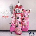 【中古】振袖 7点フルセット LLサイズ 振袖セット 振袖フルセット フルセット 成人式 着物 晴れ着 赤 ピンク 黒 エレガント バラ 金箔 帯 帯揚げ 重衿...