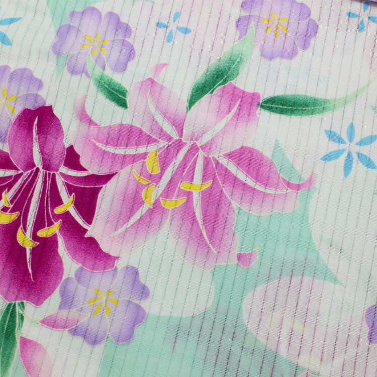 浴衣 女性 レディース 浴衣単品 送料無料 即日発送 フリーサイズ 大人かわいい 可愛い レトロ モダン 和柄 薄緑 白 ライトグリーン ピンク ユリ 百合 花柄 変り生地 縦縞 綿浴衣 お仕立て上がり浴衣 プレタ浴衣 ゆかた 人気 古典 着物 半幅帯 半巾 初心者 簡単 花火大会 着付