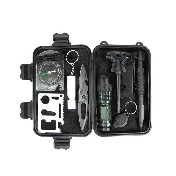 サバイバルツール10点セット 非常事態 キャンプ装備 旅行 アウトドア 登山 携帯・収納便利 懐中電灯 多機能ナイフ コンパス ホイッスル 火打ち石 ◇X-TOOLS