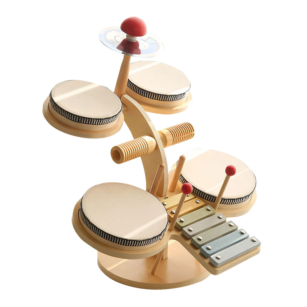 木製 わくわく音あそびセット シンプル キッズ ドラムセット 木琴 シンバル ウッドブロック 楽器おもちゃ 打楽器 音楽玩具 音楽おもちゃ ◇MW-0235-B