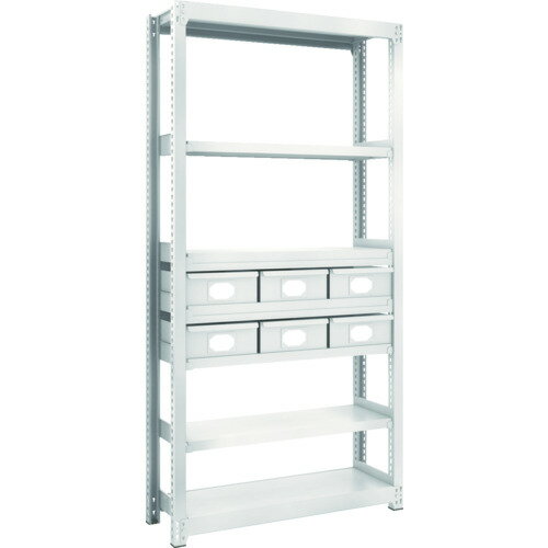 ★特徴★ ケース単位での保管、小物の分類や整理に適したラックです。棚の段変更が、25mmピッチで、自由に調整、変更ができます。高さ、奥行が同じであれば、増結することができます。また、支柱を兼用することにより、コストダウンが図れます。優れた断面構造で、荷重、横からのねじれにも強いC型形状の支柱を採用しています。樹脂ベースの使用により、床を傷つけません。 ★商品スペック★ 仕様・規格 間口(mm)：902 奥行(mm)：309 高さ(mm)：1807 有効間口(mm)：816 色：ネオグレー 棚段数(段)：7 均等積載量(kg/段)：200 最大積載量(kg/台)：1500 棚板調整ピッチ(mm)：25 タイプ：引き出し(大)6 引出：V2NG 6個 仕様・規格2 均等積載量：200kg/段 最大積載量：1500kg/台 材質／仕上 本体:スチール（粉体塗装） ベース:ポリプロピレン（再生材100％使用） 入数 1台 注意事項 集中荷重になりますと耐荷重能力は半減します。必ず均等に荷重を分布させてご使用ください。 提供不可：chemSHERPA、SDS、ミルシート 質量・質量単位 44.300kg 製造国 日本 品番 M2-6337-B6 JANコード 4989999490916 メーカー名 トラスコ中山（株）