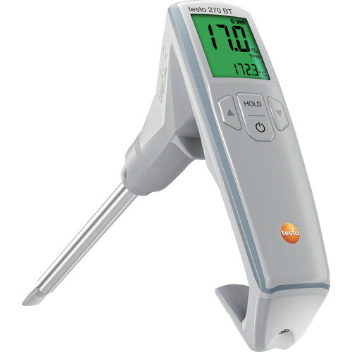 ★特徴★ testo 270は食用油の劣化度を示すTPM(極性化合物)値と油温度をデジタル表示する食用油テスターです。testo 270はフライ油の劣化指標のAV(酸価)値とは異なり、重化合物などを含めた極性化合物総量で油全体の劣化度を評価します。2段階で設定したしきい値により、ディスプレイの色が変化し(オレンジ・赤)、アラームを出すので見落とすこともありません。てんぷらや唐揚げなど料理に合わせて油の交換時期を数値で管理できるので、揚げもの料理の品質の均質化につながります。モバイルアプリ連携で測定結果の表示・記録・文書化をサポートします。 ★用途★ フードチェーン、レストラン、食品製造、工場、給食、倉庫に。ファストフード店やコンビニのフライ油の管理に。 ★商品スペック★ 仕様・規格 測定温度範囲(℃)：40〜200 温度最小表示(℃)：0.1 電源(V)：単4乾電池×2 幅(mm)：50 奥行(mm)：170 高さ(mm)：300 分解能温度(℃)：0.1 連続使用時間(h)：20極性化合物(TPM) 0〜40％TPM 仕様・規格2 TPM（極性化合物/容量式） 測定範囲：0.0〜40.0%TPM 精度±1digit：±2%TPM(40〜190℃) 分解能：0.1%TPM(+40〜+190℃) 温度（PTCサーミスタ） 測定範囲：+40〜+200℃ 精度±1digit：±1.5 ℃ 分解能：0.1℃ 材質／仕上 TPE PC+ABS PC+ABS+10% グラスファイバー セット内容・付属品 校正用基準オイル ケース 入数 1個 注意事項 LEDディスプレイを3色に変更するにはモバイルアプリの登録が必要です。 質量・質量単位 255g 製造国 ドイツ 品番 0563 2770 JANコード 4029547026874 メーカー名 （株）テストー