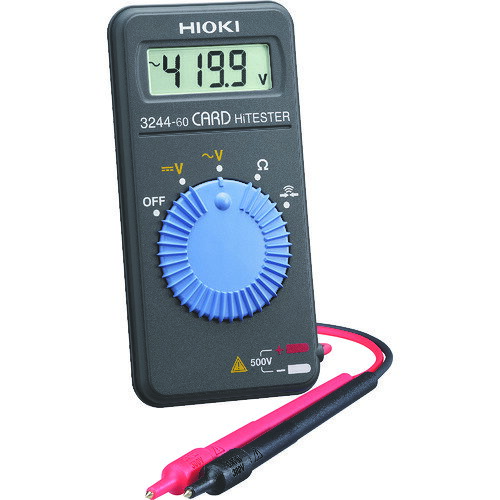 ★特徴★ 重さわずか60g、厚さ9.5mmのカードサイズです。フルオートレンジでオートパワーセーブ機能付きです。コンセントの奥まで届くプローブ先端長15mm、金メッキを採用です。安全に配慮したプローブ先端チップを採用しています。Ω/導通レンジはAC500Vまで過電圧保護です。 ★用途★ 電気工事全般に。電気・電子回路設計、製造、検査、サービスに。屋内電気工事・電気設備の工事・メンテナンスに。 ★商品スペック★ 仕様・規格 直流電圧(V)：500 交流電圧(V)：500 抵抗(Ω)：41.99M 検波方式：平均値整流(MEAN) 電源(V)：コイン型リチウム電池(CR2032)×1個(付属) 幅(mm)：55 奥行(mm)：9.5 高さ(mm)：109 電源：コイン型リチウム電池(CR2032)×1個(付属) 最大表示(カウント)：4199 仕様・規格2 適合規格：EN61010(安全)、EN61326(EMC)、測定カテゴリ：CAT3 300V、CAT2 600V 交流電圧(V)：4.200/42.00/420.0/500 直流電圧(V)：420.0m/4.200/42.00/420.0/500 抵抗(Ω)：420.0/4.200k/42.00/420.0k/4.200M/42.00M 測定機能：導通 機能：オートレンジ、オートパワーセーブ(APS)、過入力警告(OF) 材質／仕上 筐体:ABS セット内容・付属品 携帯用ケース(C0204)×1 モニタ電池(本体内蔵)×1 取扱説明書×1 キャップ(赤/黒)×1 入数 1台 注意事項 測定器に表示したカテゴリよりも数値の大きい測定個所の測定は絶対に避けてください。感電など重大な事故につながる恐れがあります。 質量・質量単位 60g 製造国 日本 品番 3244-60 JANコード 4536036000364 メーカー名 日置電機（株）
